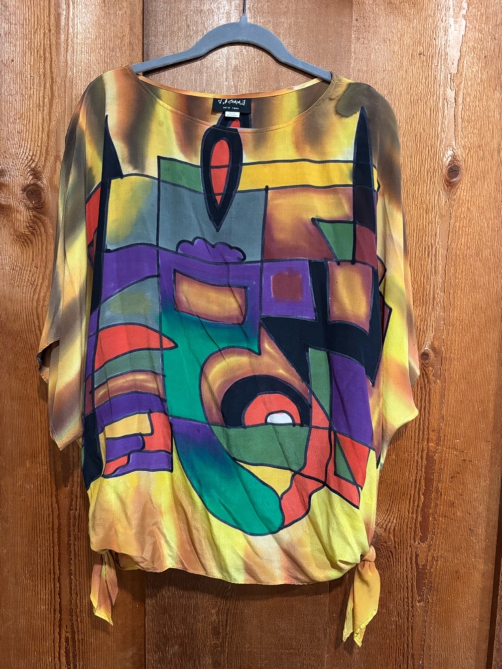Dilemma New York 100% Silk Abstract Art Print Side Tie Poncho Top Multicolor OS